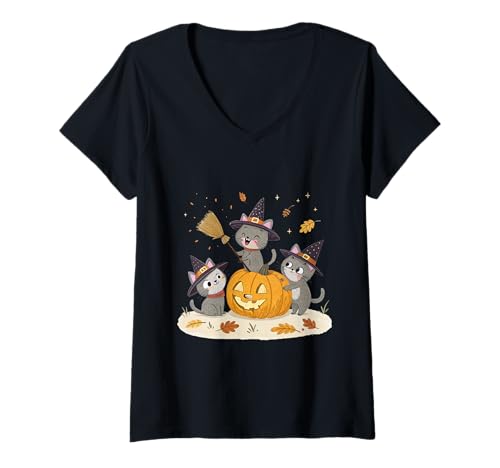 Damen Verspielte Halloween-Kätzchen mit Kürbis-Hexenzauber T-Shirt mit V-Ausschnitt Damen Verspielte Halloween-Kätzchen mit Kürbis-Hexenzauber T-Shirt mit V-Ausschnitt von Whisker Charm Co.