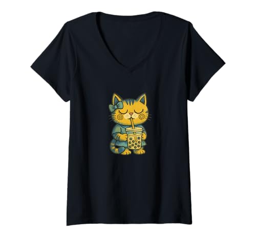 Damen Niedliche Katze, die Boba Bubble Tea genießt T-Shirt mit V-Ausschnitt Damen Niedliche Katze, die Boba Bubble Tea genießt T-Shirt mit V-Ausschnitt von Whisker Sips Emporiums