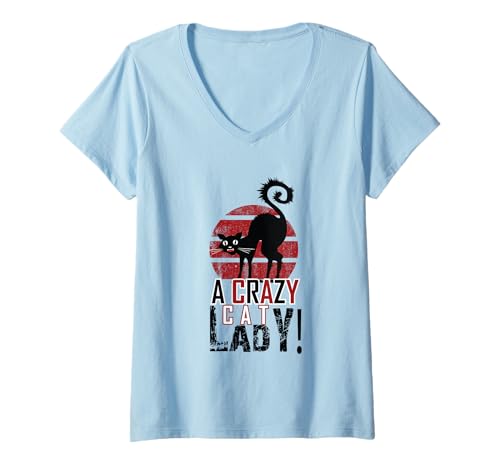 Damen A Crazy Cat Lady - Lustiges Retro Schwarz Katze Used-Look T-Shirt mit V-Ausschnitt Damen A Crazy Cat Lady - Lustiges Retro Schwarz Katze Used-Look T-Shirt mit V-Ausschnitt von Whisker Vibes Apparel