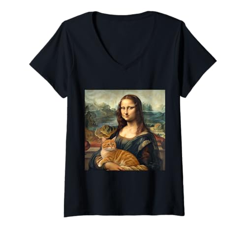 Damen Mona Lisa mit Katze, lustige klassische Malkunst T-Shirt mit V-Ausschnitt Damen Mona Lisa mit Katze, lustige klassische Malkunst T-Shirt mit V-Ausschnitt von Whiskered Masterpieces Co.