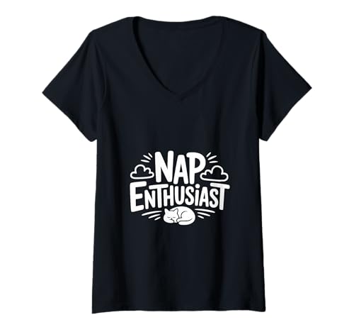 Damen Purrfect Nap Enthusiast Katzenliebhaber Vintage Humor T-Shirt mit V-Ausschnitt Damen Purrfect Nap Enthusiast Katzenliebhaber Vintage Humor T-Shirt mit V-Ausschnitt von Whiskers and Snoozes Cat Apparel Co.
