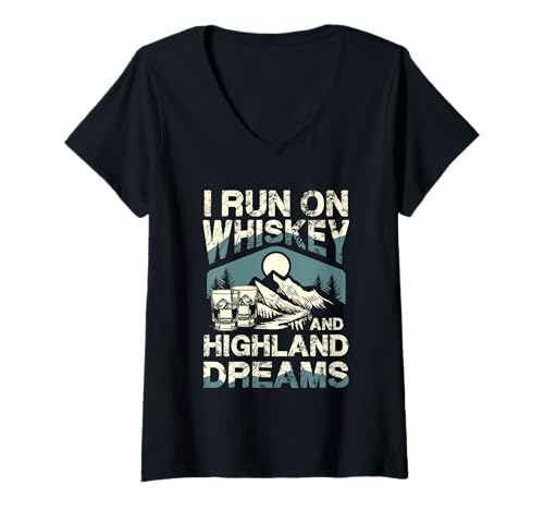 Damen Run On Whiskey und Highland Dreams T-Shirt mit V-Ausschnitt Damen Run On Whiskey und Highland Dreams T-Shirt mit V-Ausschnitt von Whiskey Adventure Highland Dreamscape