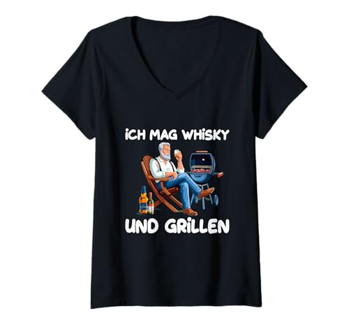 Damen Ich Mag Whisky Und Grillen Outdoor Fun T-Shirt mit V-Ausschnitt von Whisky -Enthusiasten Barbecue -Liebhaber