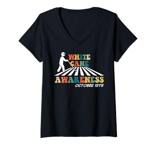 Damen White Cane Awareness 15. Oktober Retro Vintage T-Shirt mit V-Ausschnitt Damen White Cane Awareness 15. Oktober Retro Vintage T-Shirt mit V-Ausschnitt von White Cane Awareness Month White Cane Safety Day