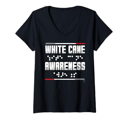 Damen White Cane Awareness Braille Weißer Stock T-Shirt mit V-Ausschnitt Damen White Cane Awareness Braille Weißer Stock T-Shirt mit V-Ausschnitt von White Cane Awareness Month White Cane Safety Day