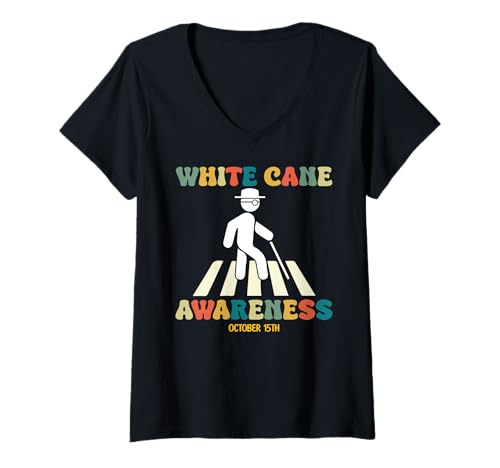 Damen White Cane Awareness Day 15. Oktober Retro Vintage T-Shirt mit V-Ausschnitt Damen White Cane Awareness Day 15. Oktober Retro Vintage T-Shirt mit V-Ausschnitt von White Cane Awareness Month White Cane Safety Day