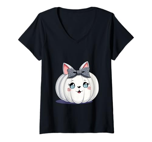 Damen Weißes Katzen-Kürbis-Shirt, niedlich, Halloween, Schleife, Kitty, T-Shirt mit V-Ausschnitt Damen Weißes Katzen-Kürbis-Shirt, niedlich, Halloween, Schleife, Kitty, T-Shirt mit V-Ausschnitt von White Cat Pumpkin Tee Shirts for Women Girls