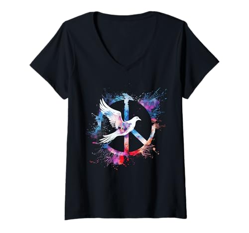 Damen Taube weiße Taube Vogel Aquarell Friedenszeichen T-Shirt mit V-Ausschnitt Damen Taube weiße Taube Vogel Aquarell Friedenszeichen T-Shirt mit V-Ausschnitt von White Dove - Peace Sign