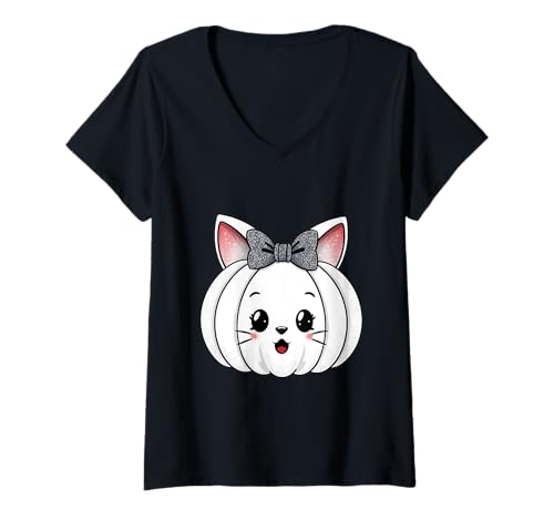 Damen Weißes Kätzchen-Kürbis-Shirt, niedliche Halloween-Schleife, Katzenohren, Herbst T-Shirt mit V-Ausschnitt Damen Weißes Kätzchen-Kürbis-Shirt, niedliche Halloween-Schleife, Katzenohren, Herbst T-Shirt mit V-Ausschnitt von White Kitten Pumpkin Tee Shirts for Women Girls