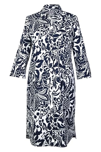 White Label – Damen Hemdblusenkleid – Lässiges Sommerkleid Damen mit Blumendruck – Knielanges Blusenkleid mit 3/4-Ärmeln in Nachtblau & Weiß – Größe 46 von White Label by RoFa
