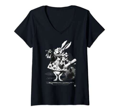 Damen Weißer Hase Party Kostüm Alice im Wunderland Hase Kaninchen T-Shirt mit V-Ausschnitt Damen Weißer Hase Party Kostüm Alice im Wunderland Hase Kaninchen T-Shirt mit V-Ausschnitt von White Rabbit Alice In Wonderland
