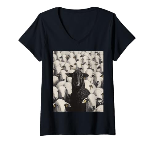 Damen Weißes Schaf Schwarz T-Shirt mit V-Ausschnitt von White Sheep Black Graphic Clothing