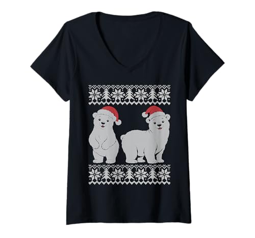 Damen Eisbär Weihnachten, weißer Bär mit Weihnachtsmütze T-Shirt mit V-Ausschnitt von White bear Christmas