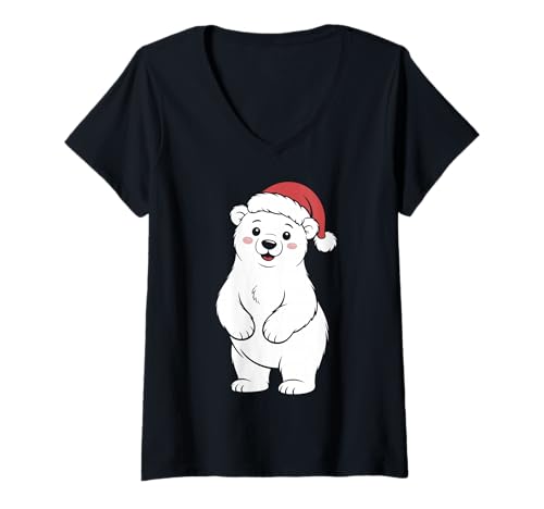Damen Niedlicher weißer Weihnachtsbär mit Weihnachtsmütze T-Shirt mit V-Ausschnitt von White bear Christmas