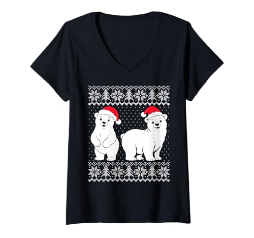 Damen Weihnachten Eisbär hässlicher Pullover, süße weiße Bär Weihnachtsmannmütze T-Shirt mit V-Ausschnitt von White bear Christmas
