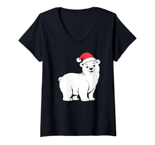 Damen Weihnachtlicher Eisbär, niedlicher weißer Bär mit Weihnachtsmütze T-Shirt mit V-Ausschnitt von White bear Christmas