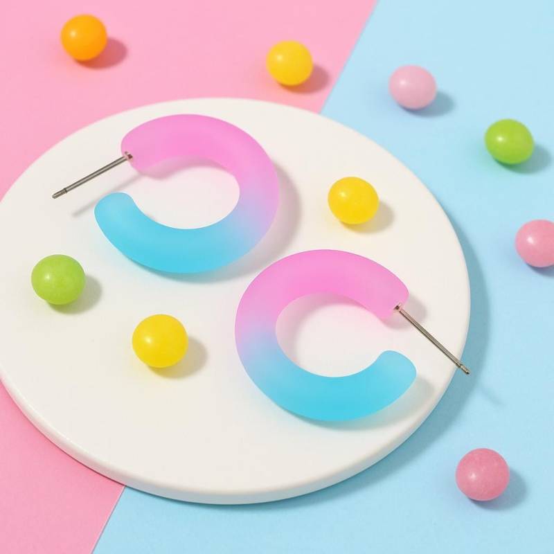 Dopamin Colors Creolen, Pink Blau Gradient Acryl Ohrringe, 25mm Matte Hoop Earrings, Y2K Retro Style, Sommer Festival Schmuck, 925 Silber von WhiteDorufin