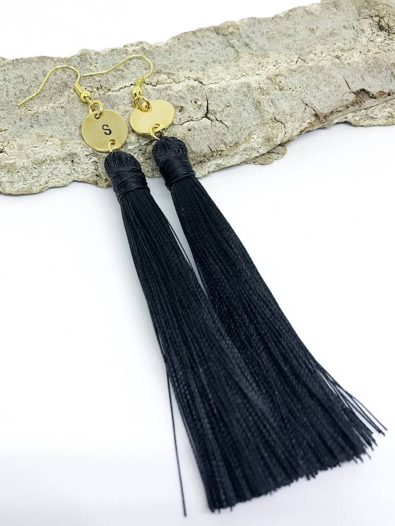 Quaste Und Erste Ohrringe, Lange Weihnachts-Geschenk-Idee, Gravierte Schwarze Gold Ohrringe Quaste Und Erste Ohrringe, Lange Weihnachts-Geschenk-Idee, Gravierte Schwarze Gold Ohrringe von WhiteTreeShop