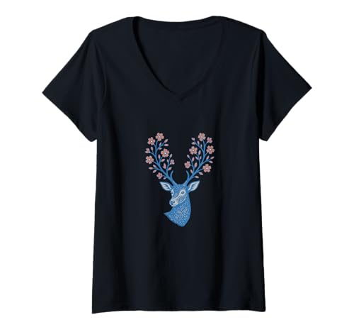 Damen Hirsch mit blühendem Geweih Wildblumengeweih Buck Art T-Shirt mit V-Ausschnitt Damen Hirsch mit blühendem Geweih Wildblumengeweih Buck Art T-Shirt mit V-Ausschnitt von Whitetail Wildflower Collective Art