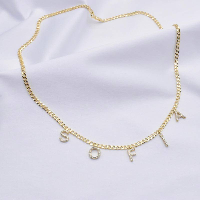 Buchstaben Kette Namenskette Silber 925 Individuell Mit Zirkonia Steinen Chain Vergoldet/Rose/Silber von WhitewaySchmuck