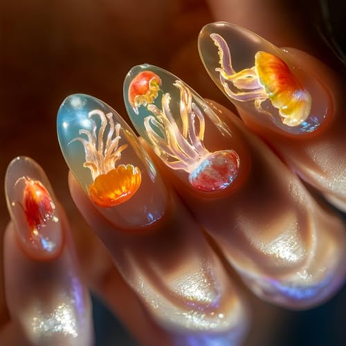 Künstliche Nägel mit Quallen-Design, transparent, ABS, für Partys und den täglichen Gebrauch, Brautschmuck, Reisen, 24 Stück von Whltzf
