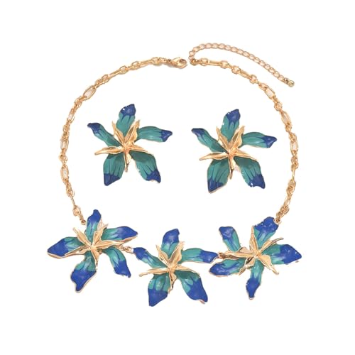 Whltzf Modernes Schmuck-Set mit Blumen-Halskette und Ohrringen für den täglichen Gebrauch, zarte Kettenkunst, feminines Schlüsselbein-Schmuck-Set von Whltzf