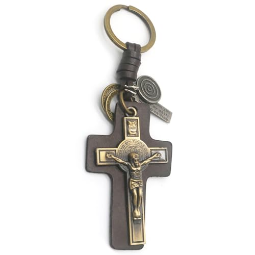 Whltzf Religiöse Schlüsselringe Handgefertigte PU Leder Schlüsselbund Mit Komplizierten Kruzifix Anhänger Auto Schlüsselhalter Mode Bag Charme Echtes PU Lederschlüsselring von Whltzf