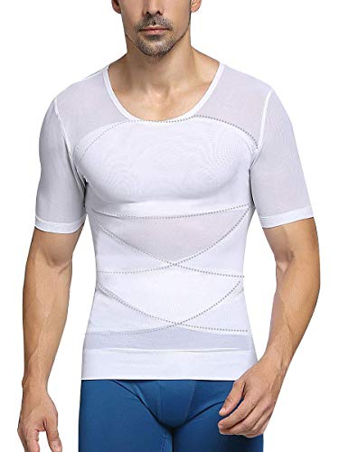 Herren Kompression T-Shirts Kurzarm Sport Baselayer Unterhemden abnehmen für Bauchmuskeln Body Shaper,White,3XL von Whlucky