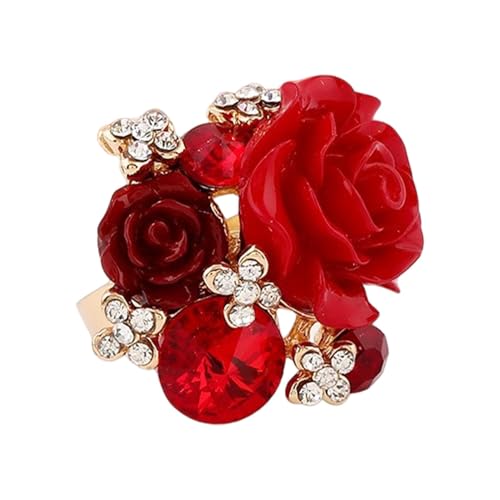 Whnbuij Rosen-Blumenring – Blumen-Rosen-Ring – übertriebener Rosen-Blumen-Ring, Blumen-Wickelring, Freundin |. Verstellbarer roter Rosen-Statement-Ring für Frauen, Mädchen, Mutter von Whnbuij