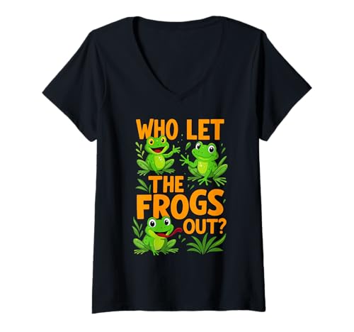 Damen Who Let The Frogs Out Amphibian Lover Frosch Besitzer Lustiger Humor T-Shirt mit V-Ausschnitt Damen Who Let The Frogs Out Amphibian Lover Frosch Besitzer Lustiger Humor T-Shirt mit V-Ausschnitt von Who Let The Frogs Out Frog Lover Funny Saying