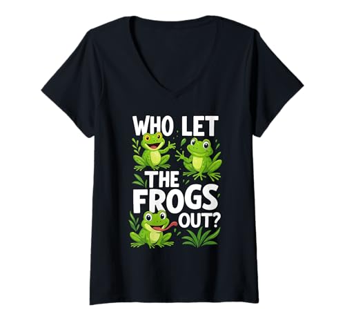 Damen Who Let The Frogs Out Amphibian Lover Frosch Besitzer Lustiger Humor T-Shirt mit V-Ausschnitt Damen Who Let The Frogs Out Amphibian Lover Frosch Besitzer Lustiger Humor T-Shirt mit V-Ausschnitt von Who Let The Frogs Out Frog Lover Funny Saying