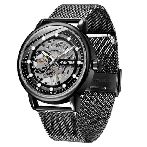 Herren Skelett Mechanische Römische Ziffern Mesh Armband Uhr Handaufzug Mechanisches Mesh Leuchtend Wasserdicht Uhr für Männer, TW-Black Silver, Armbanduhr von Whodoit