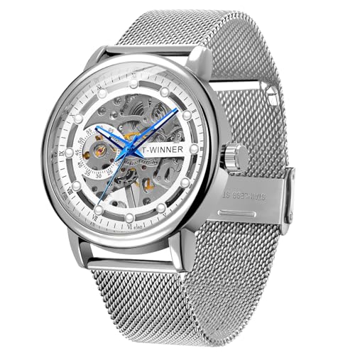 Herren Skelett Mechanische Römische Ziffern Mesh Armband Uhr Handaufzug Mechanisches Mesh Leuchtend Wasserdicht Uhr für Männer, TW-Silber, Armbanduhr von Whodoit