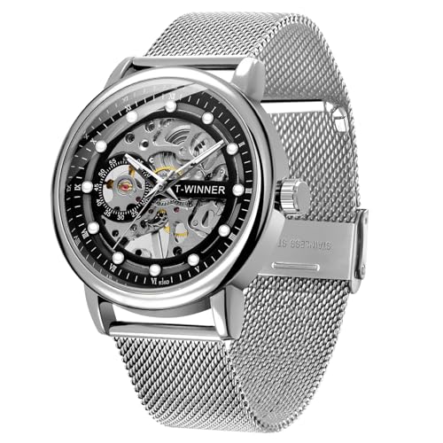 Herren Skelett Mechanische Römische Ziffern Mesh Armband Uhr Handaufzug Mechanisches Mesh Leuchtend Wasserdicht Uhr für Männer, TW-Silver Black, Armbanduhr von Whodoit