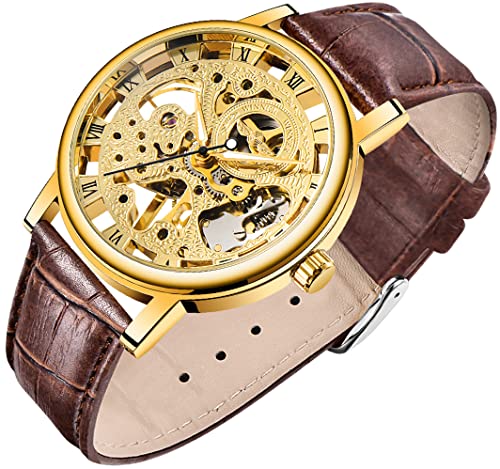 Herren Skelett Mechanische Römische Ziffern Mesh Armband Uhr Handaufzug Mechanisches Mesh Leuchtend Wasserdicht Uhr für Männer, WIN072 - Brown Gold, modisch von Whodoit