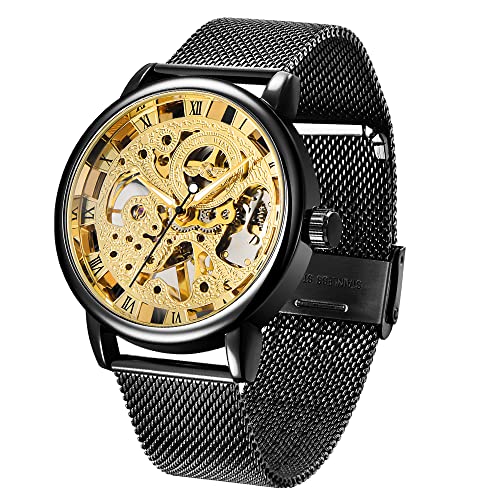 Herren Skelett Mechanische Römische Ziffern Mesh Armband Uhr Handaufzug Mechanisches Mesh Leuchtend Wasserdicht Uhr für Männer, WIN069 - Schwarzgold, Mechanisch von Whodoit