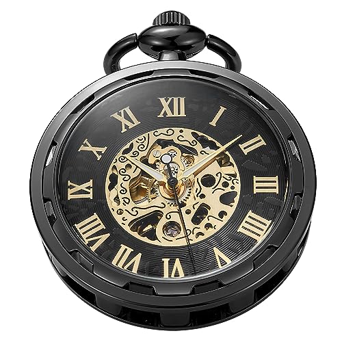 Uncovered Herren Mechanische Taschenuhr mit Kette, Unbedecktes römisches Design Zifferblatt Kette Mechanische Taschenuhren für Männer, MW167, Retro von Whodoit