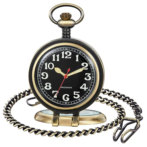 Whodoit Edelstahl Single Open Herren Mechanische Taschenuhr, römische digitale Zifferblatt mechanische Taschenuhr für Männer, MW146-Bronze, Digital, mechanisch von Whodoit