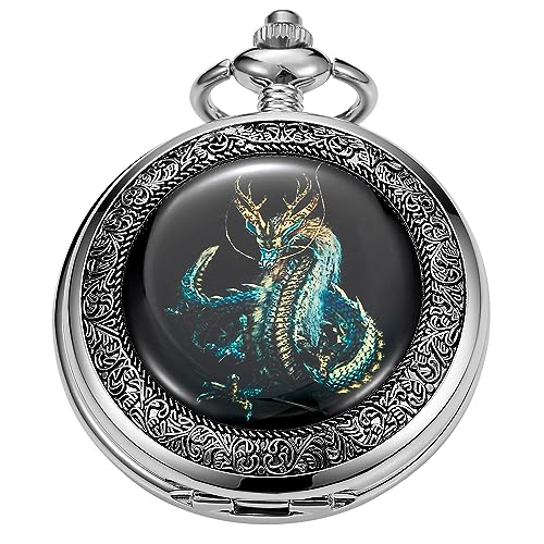 Whodoit Mechanische Taschenuhr mit Drachen-Motiv, römische Ziffern, mechanische Taschenuhren für Herren, mit Kette, Geschenk, MW162, Mechanisch von Whodoit