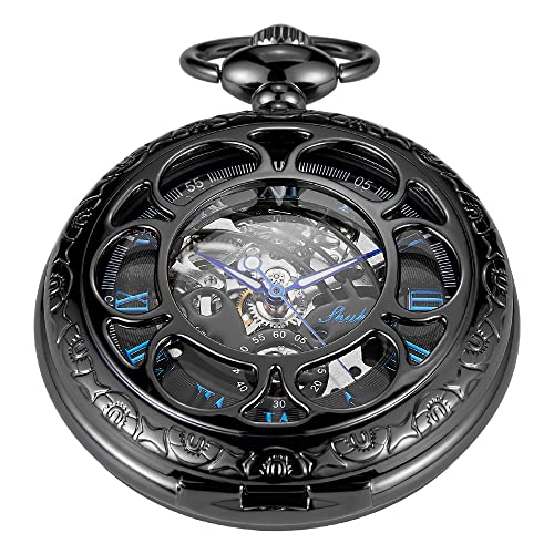 Mechanische Taschenuhr Antik Römische Ziffern Herren Taschenuhr Schwarz Skelett Taschenuhr mit Kette für Männer, MW104, Classic von Whodoit