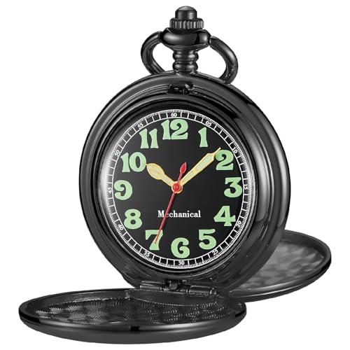 Whodoit Schwarze doppelt offene Edelstahl Herren mechanische Taschenuhr römisches digitales Zifferblatt mechanische Taschenuhr für Männer - Schwarz, MW193, modisch von Whodoit