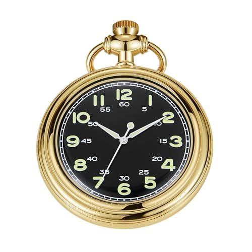 Whodoit Uncovered Gold Schwarz Mechanische Taschenuhr, Arabisches Ziffernblatt Herren Mechanische Taschenuhr, Mechanische Taschenuhr, Dünne Rückseite Abdeckung und Kette, MW182-gold schwarz, modisch von Whodoit