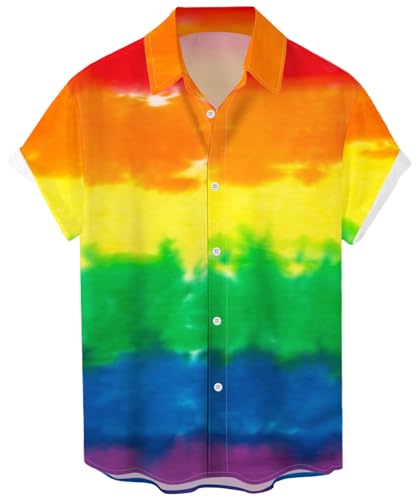 Herren Pride Shirt Baumwolle Kurzarm Outfits Gay Rainbow LGBT Button Up Shirt, Regenbogenverlauf, L von Whoinshop