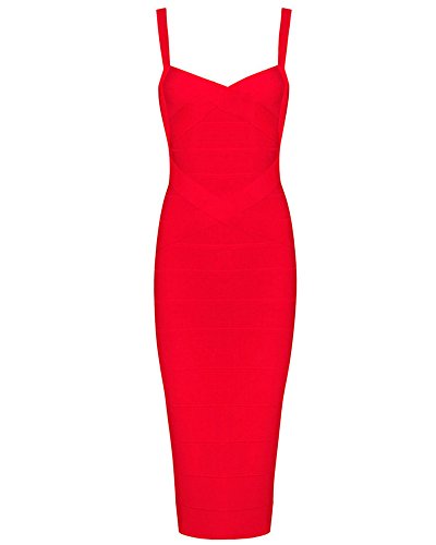 Whoinshop, knielanges figurbetontes Damen-Kleid aus Kunstseide mit Spaghettiträgern, Partykleid Gr. M, rot von Whoinshop