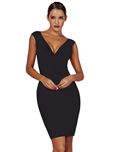 Whoinshop Damen Ärmelloses Etuikleid V-Ausschnitt Sommerkleid Cross Minikleid Partykleid (M, Schwarz) von Whoinshop