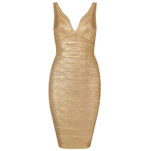 Whoinshop Damen Kunstseide V Ausschnitt Bandage Bodycon Kleider Figurbetontes Festliche Partykleider Golden L von Whoinshop