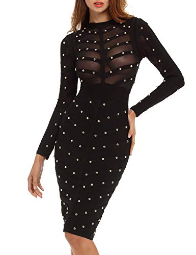 Whoinshop Damen Langarm Bodycon Kleid Studded Bandage PartyKleid mit Bloßen Ineinander Greifen Schwarz L von Whoinshop