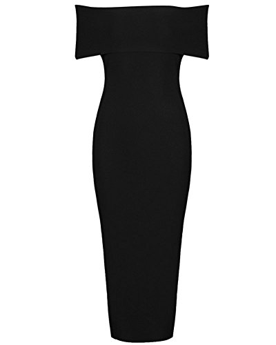 Whoinshop Damen Rayon weg vom Schulter Vorder Split Midi Bodycon VerbandKleid Schwarz L von Whoinshop