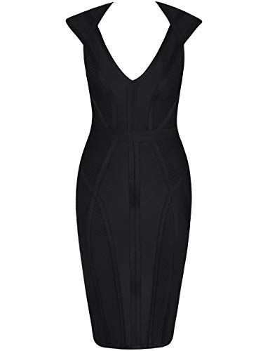 whoinshop Damen Bandage Kleid V-Ausschnitt Celebrity Figurbetont Abendkleid Party Kleid - Schwarz - Groß von Whoinshop