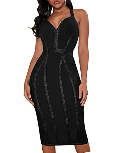 whoinshop Damen Bandage Neckholder V Ausschnitt Midi Cocktial Bodycon Club Party Kleid - Schwarz - X-Groß von whoinshop